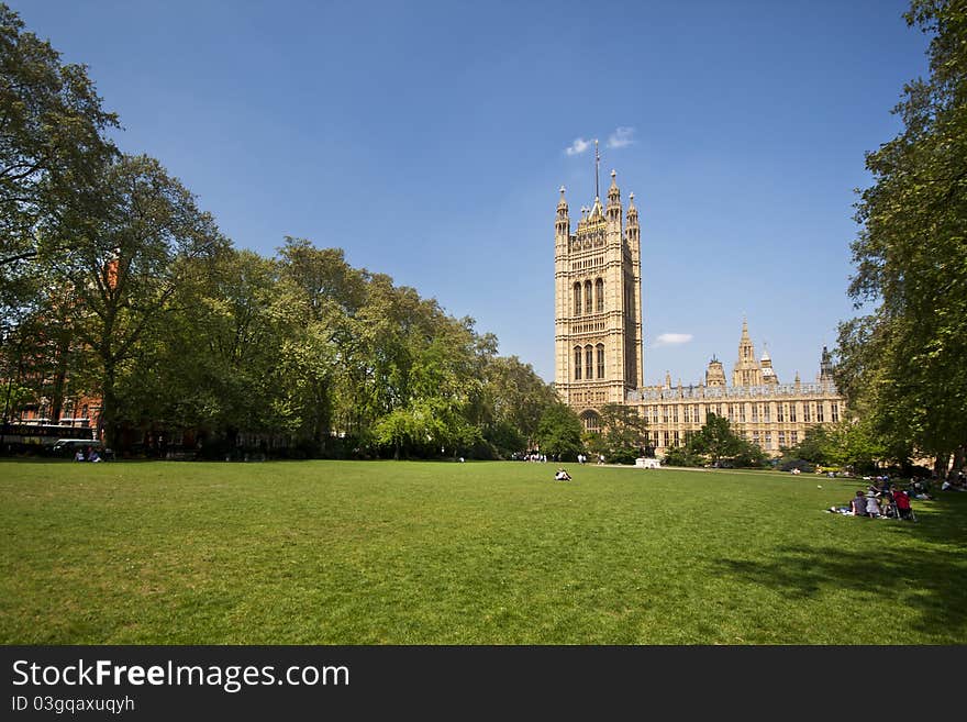 Palace of Westminster landscape looking across the Thames river. Palace of Westminster landscape looking across the Thames river