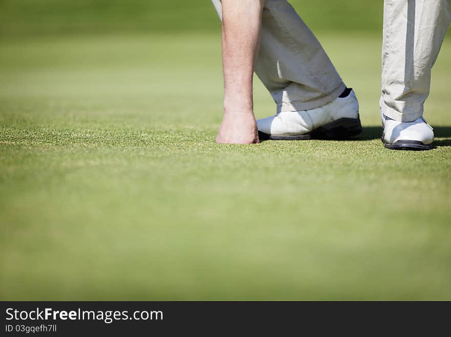 Close up of male golf player picking up ball from hole at green, with plenty of copy space. Close up of male golf player picking up ball from hole at green, with plenty of copy space.