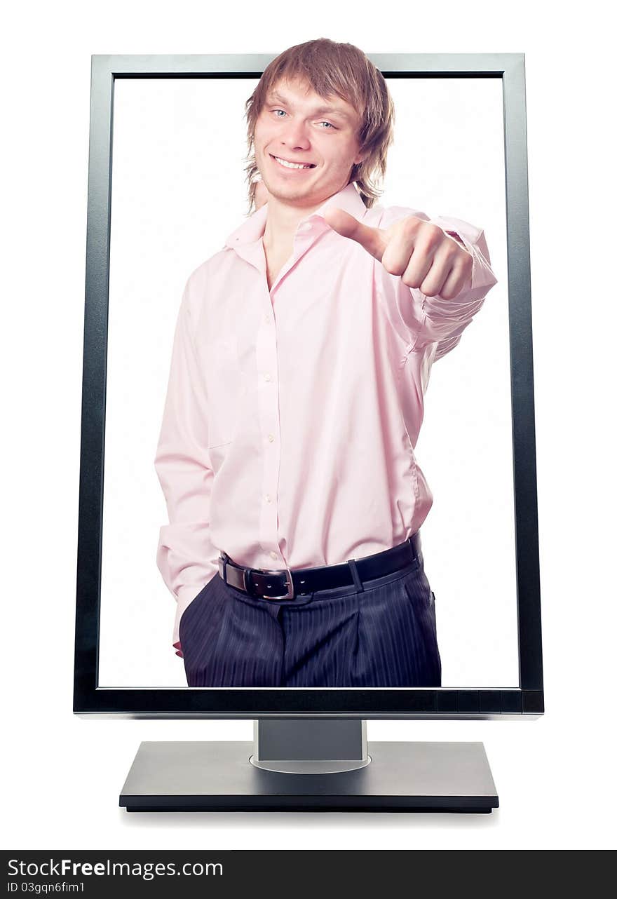 Man's hand with thumb up come out from a screen of a monitor computer. Isolated on white background. Symbol of success concept