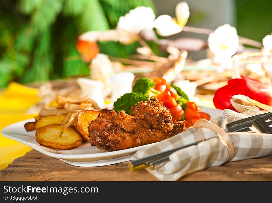 Fried Potatoes With Vegetables And Chicken