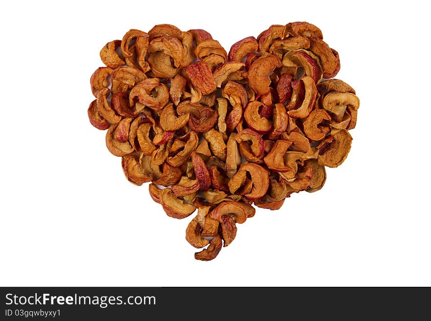 Heart of dry slices of apple, isolated on white background.group of dry slices of apple. Heart of dry slices of apple, isolated on white background.group of dry slices of apple.