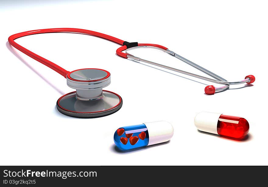 Stethoscope with red and blue pills isolated