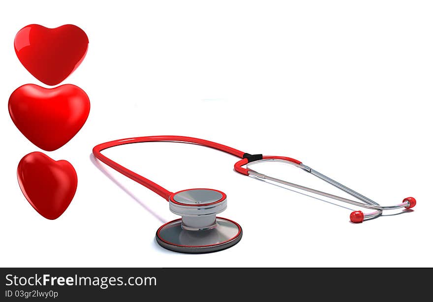 Stethoscope and a red hearts. 3d render