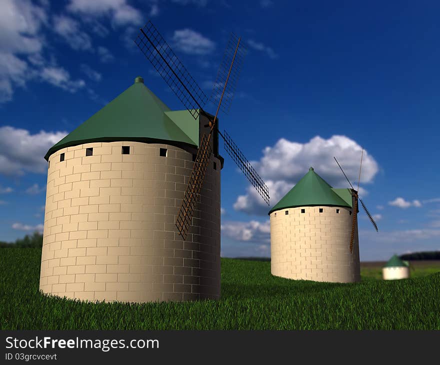 Landscape with windmills and a cloudy sky