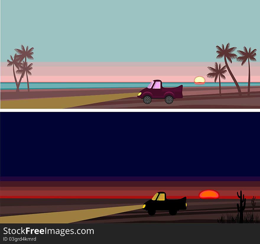 Travel illustration with car and landscape