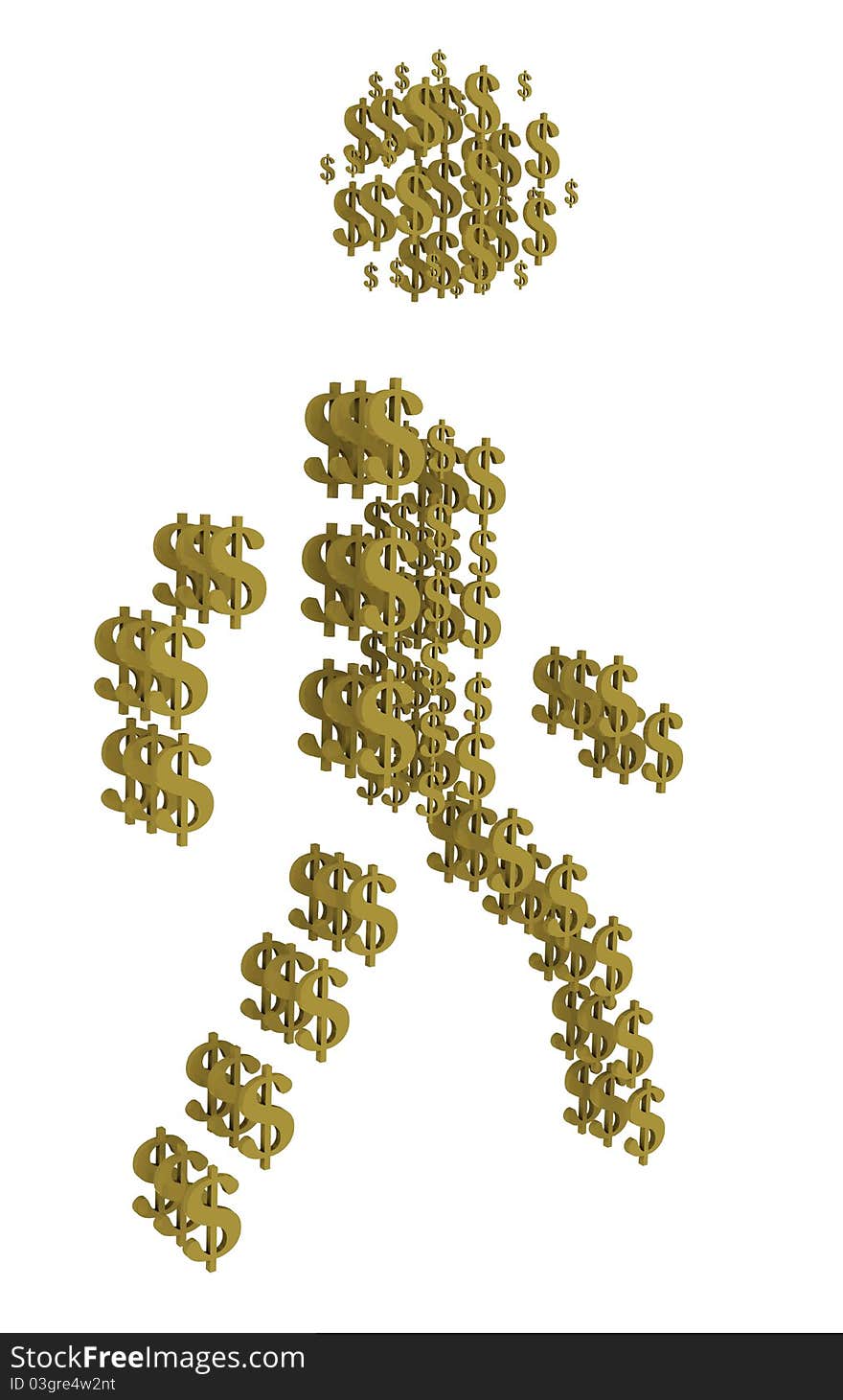 3D silhouette of golden bullion dollar view of human walking. 3D silhouette of golden bullion dollar view of human walking.