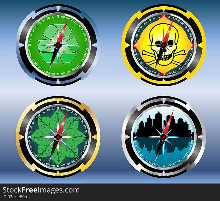 Set compass recycled signs warning sign city skyline