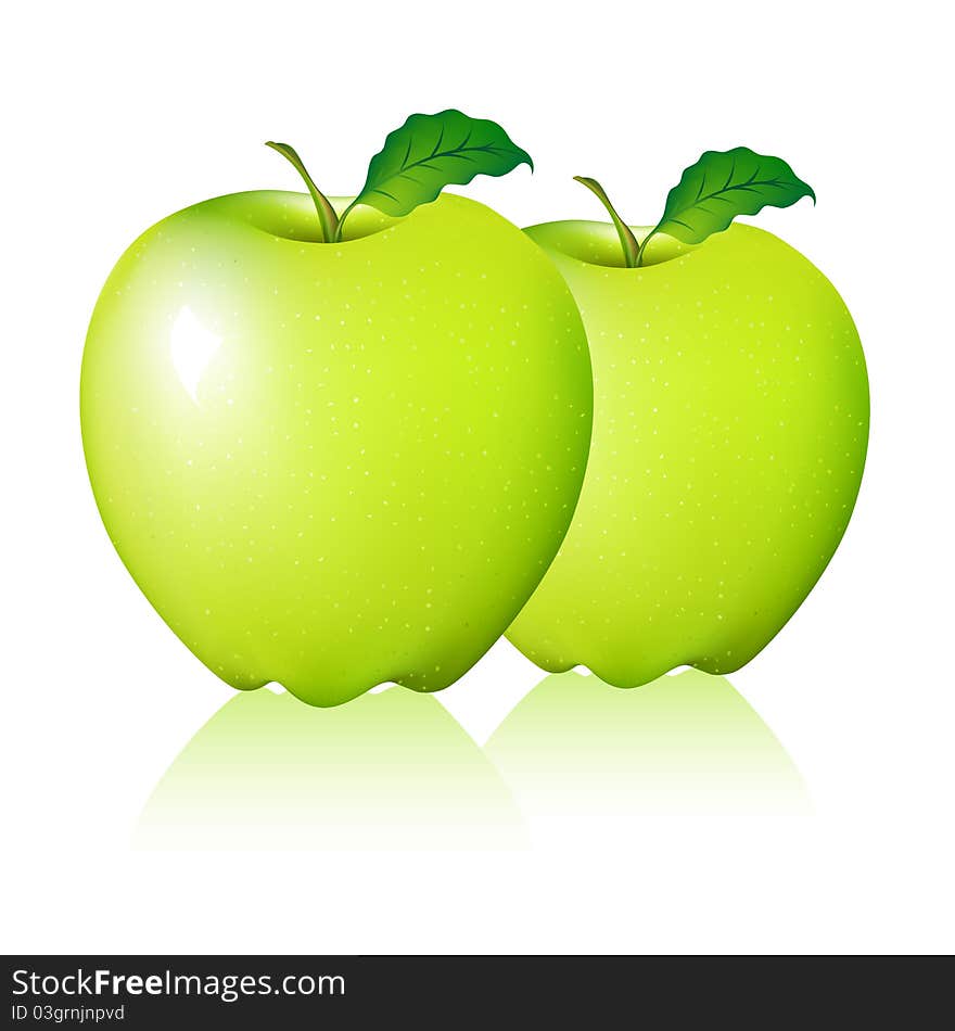 Illustration of green apple with leaf on white background