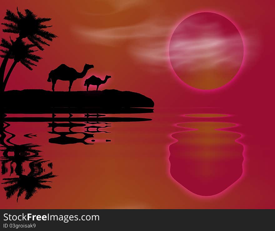 Background with camels near water, illustration. Background with camels near water, illustration