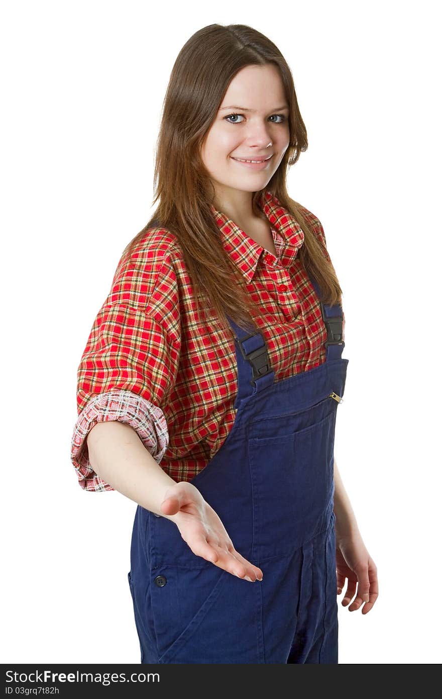 Cheerful craftswoman give hand isolated on white background. Cheerful craftswoman give hand isolated on white background