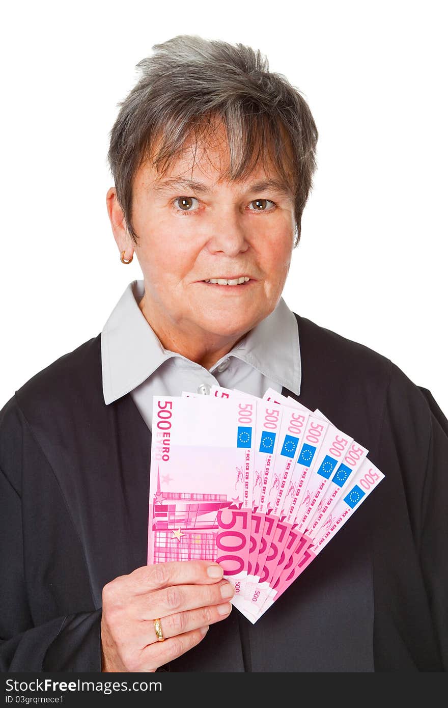 Female lawyer with money - isolated on white background. Female lawyer with money - isolated on white background