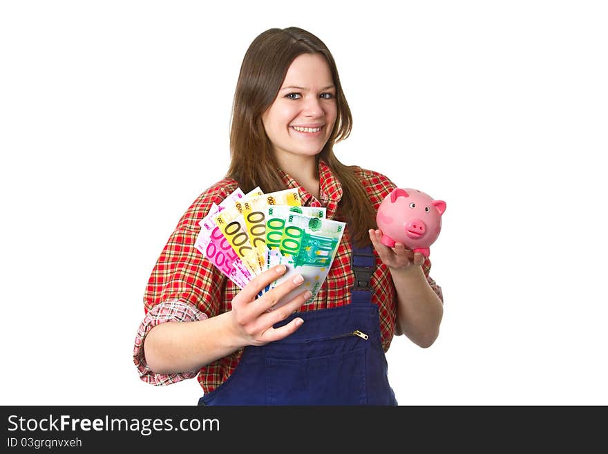 Young friendly craftswoman with euro banknotes isolated on white background