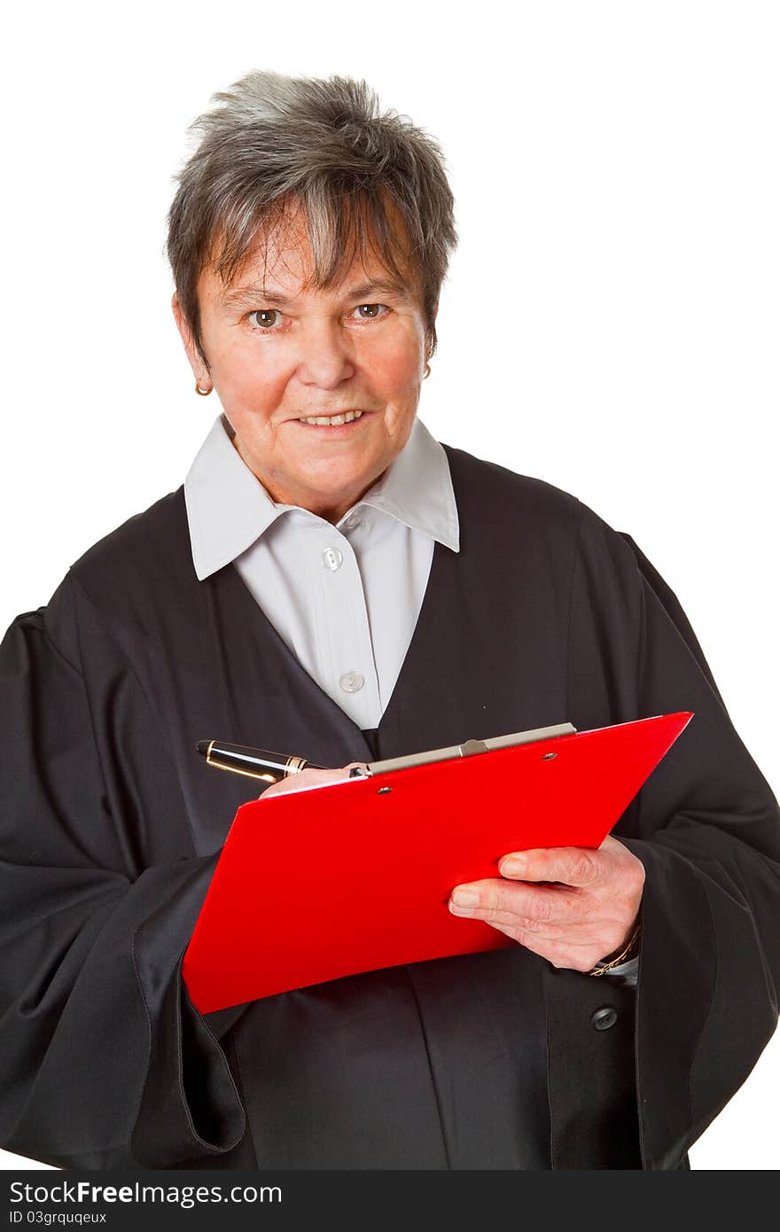 Female lawyer with clipboard isolated on white background