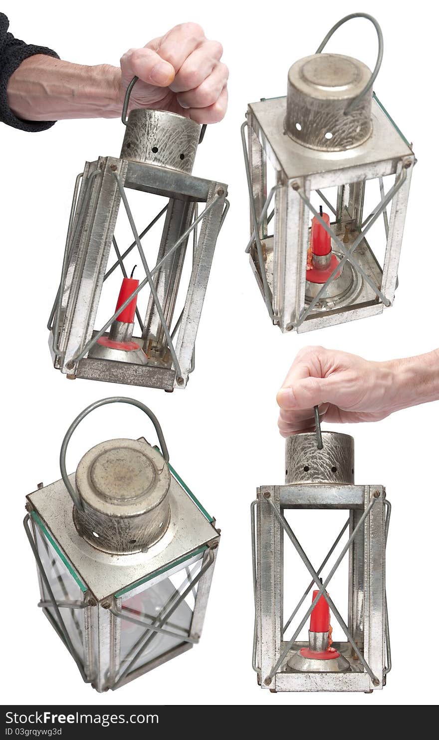 Antique lantern or storm lamp in 4 different positions  against a white background. Antique lantern or storm lamp in 4 different positions  against a white background