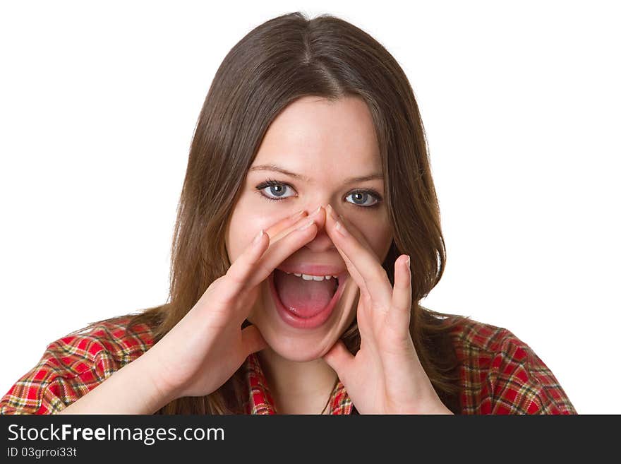 Screaming young woman isolated on white background