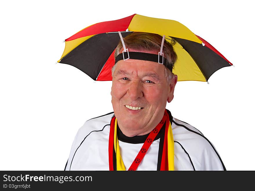 Senior soccer fan isolated on white background