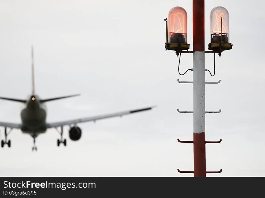 The warning red lights, Prague Ruzyne Airport, Czech Republic.