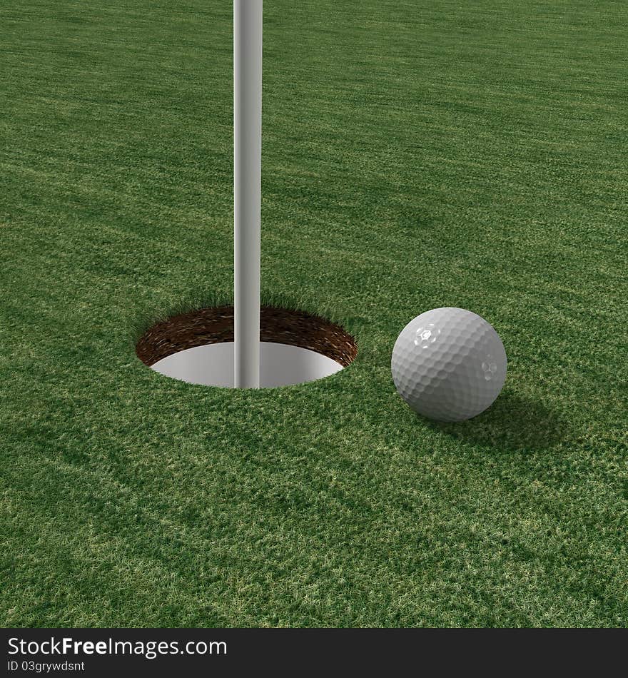 Golf ball lying pin high near the hole on green in close up shot with limited depth of field. Golf ball lying pin high near the hole on green in close up shot with limited depth of field