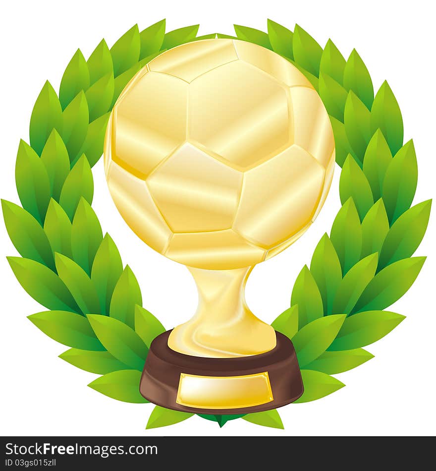 Golden soccer cup with a laureate wreath