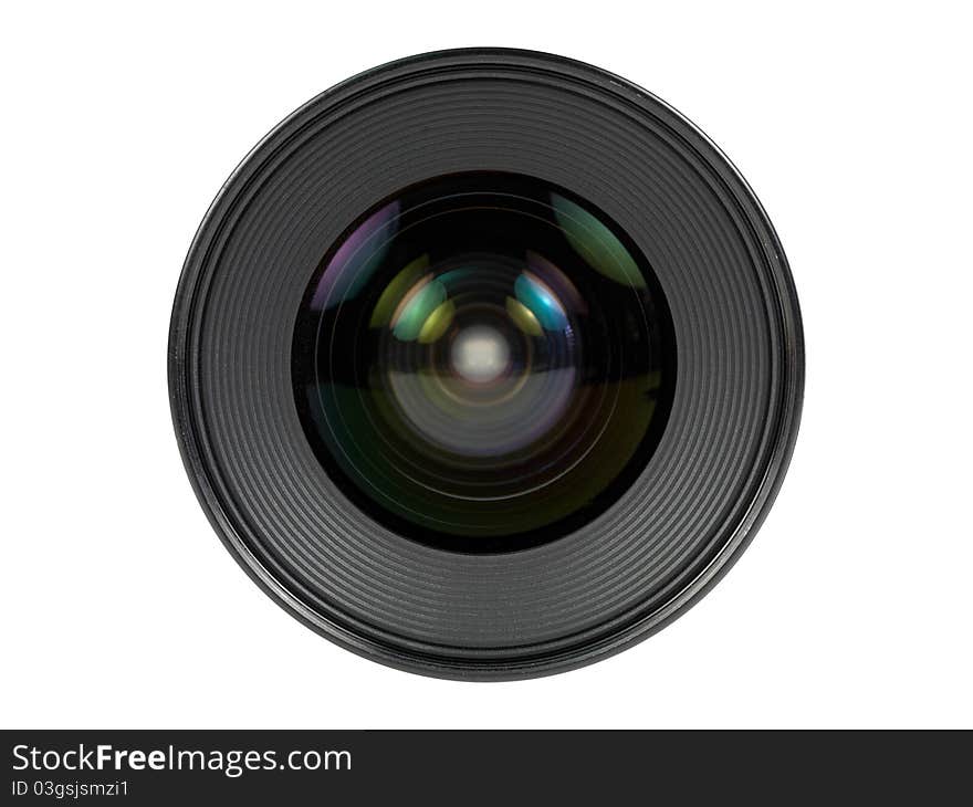 A digital camera lens isolated against a white background