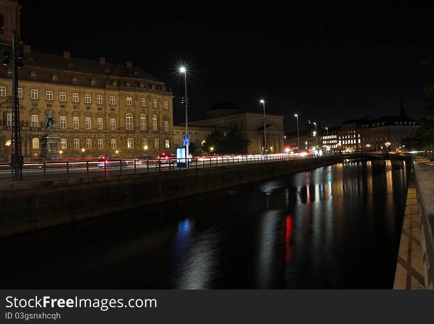 Beautiful city of Copenhagen at night, center