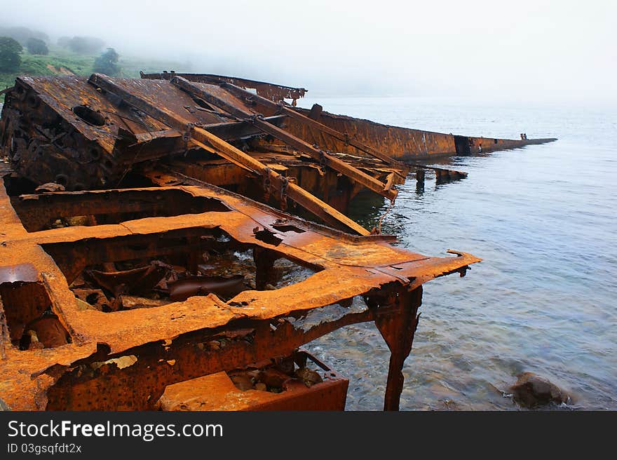 Destroyed military berth on the sea. Destroyed military berth on the sea.