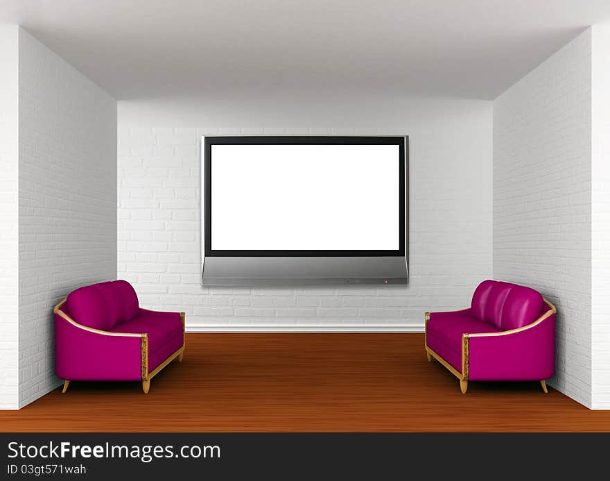 Gallery With Purple Couches And Lcd TV