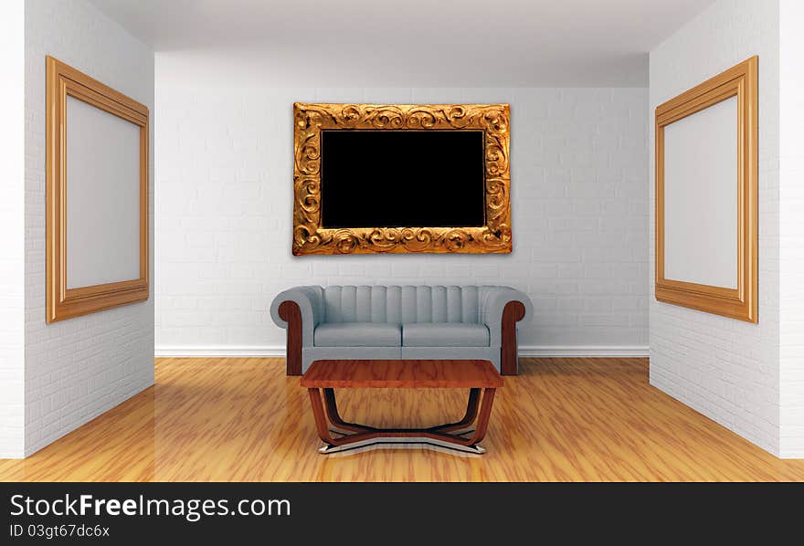 Grunge show room with picture frames