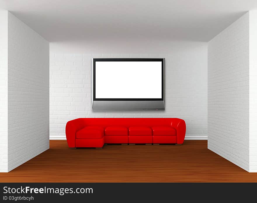 Gallery's hall with red sofa with flat TV. Gallery's hall with red sofa with flat TV