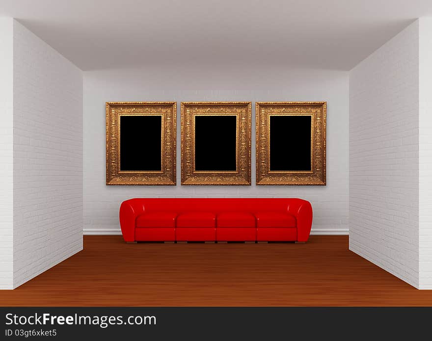 Gallery's hall with red sofa and ornate frames. Gallery's hall with red sofa and ornate frames