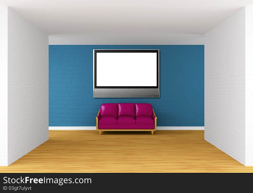 Gallery with purple couch and flat TV