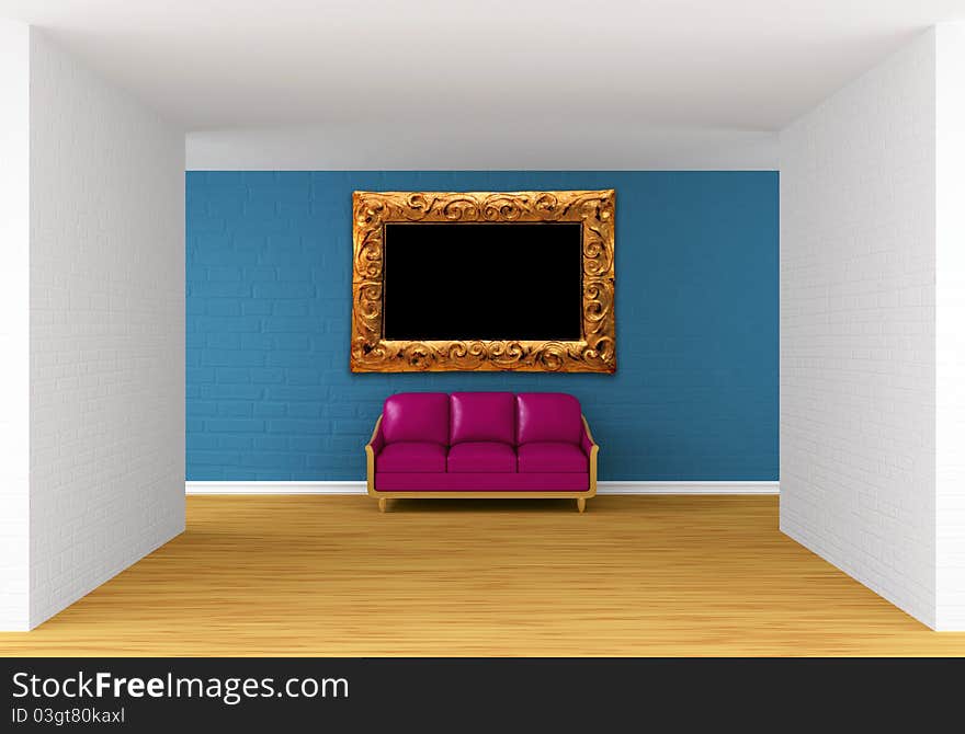 Gallery with purple couch and ornate frame