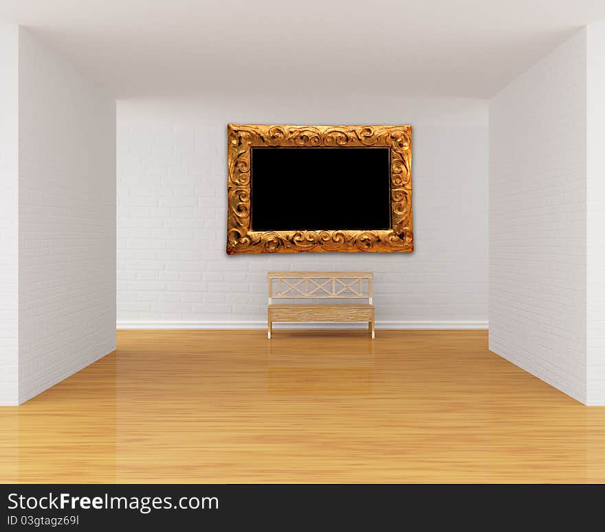 Gallery's hall with bench and ornate frame