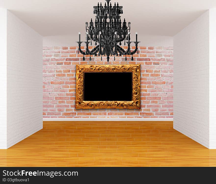 Room with black chandelier and ornate frame. Room with black chandelier and ornate frame