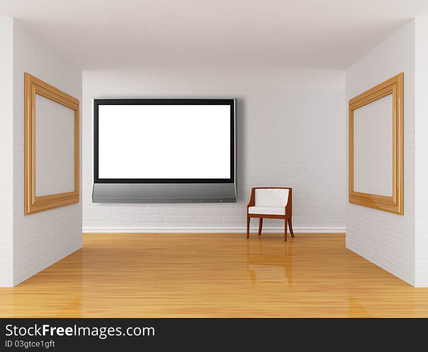 Empty gallery's hall with chair and lcd tv. Empty gallery's hall with chair and lcd tv