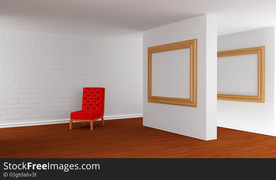 Empty gallery's hall with red chair