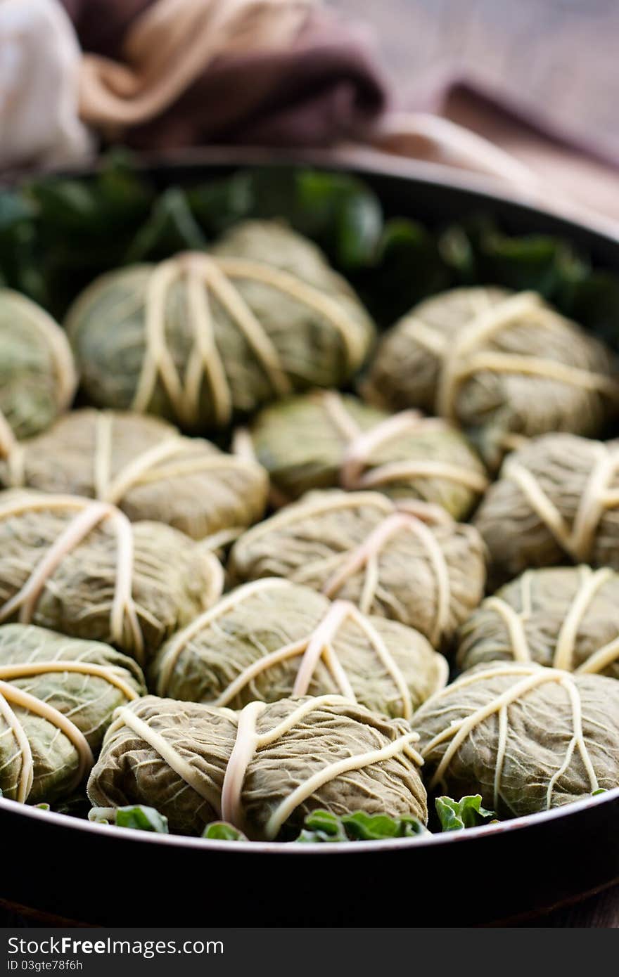 Dolmades with rhubarb leaves, meat and rice