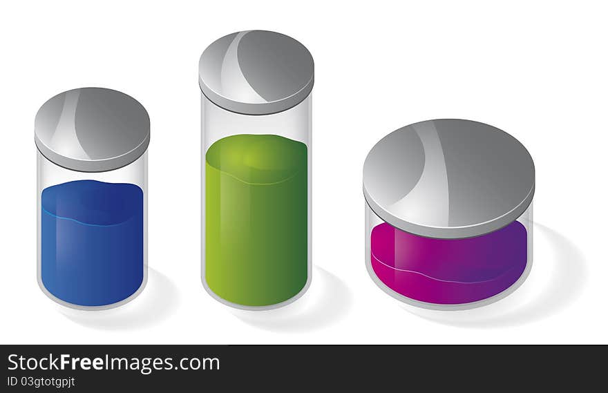 Three jars at different sizes and colored liquids. Three jars at different sizes and colored liquids