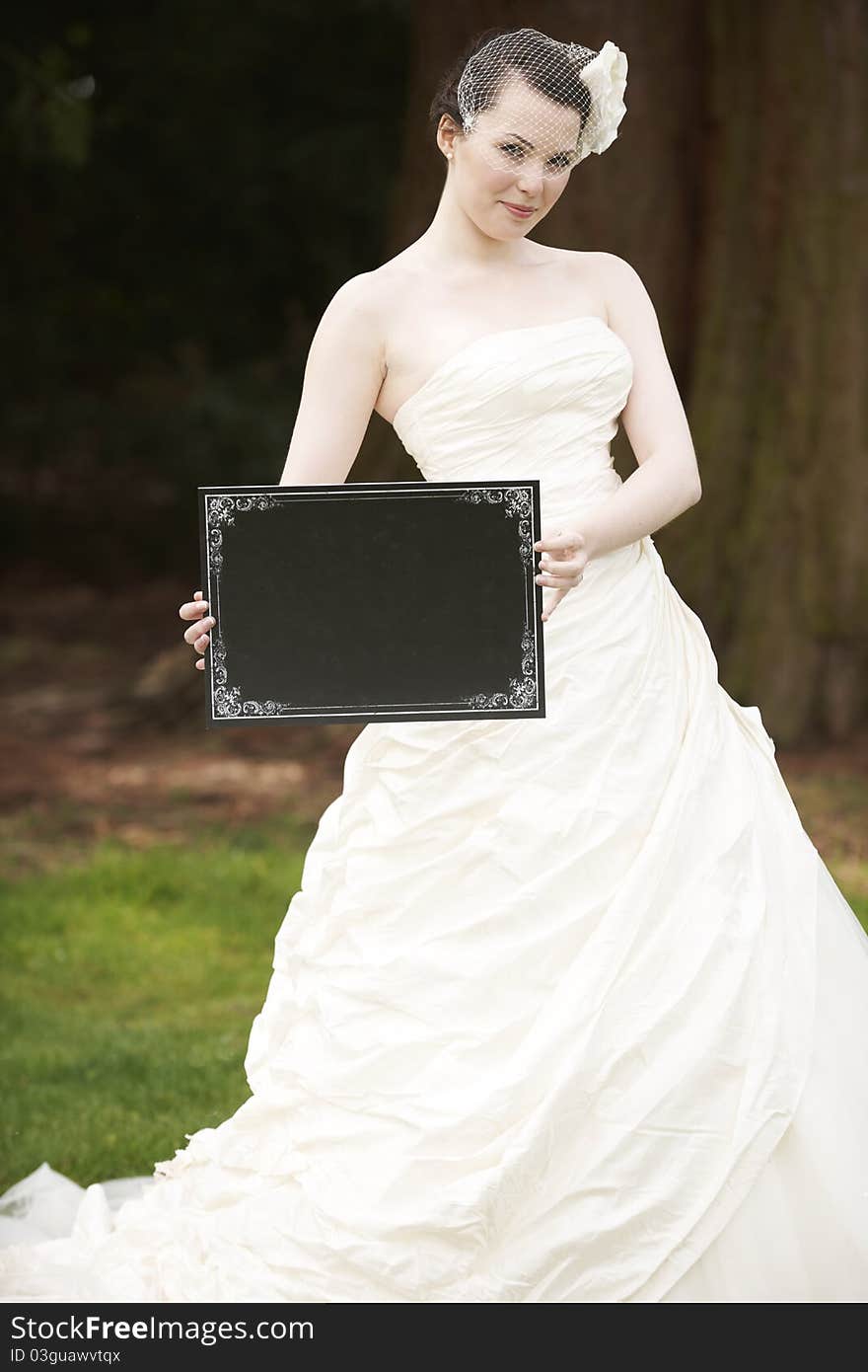 Pretty bride in wedding dress holding a blank board in front of face with space for copy. Pretty bride in wedding dress holding a blank board in front of face with space for copy