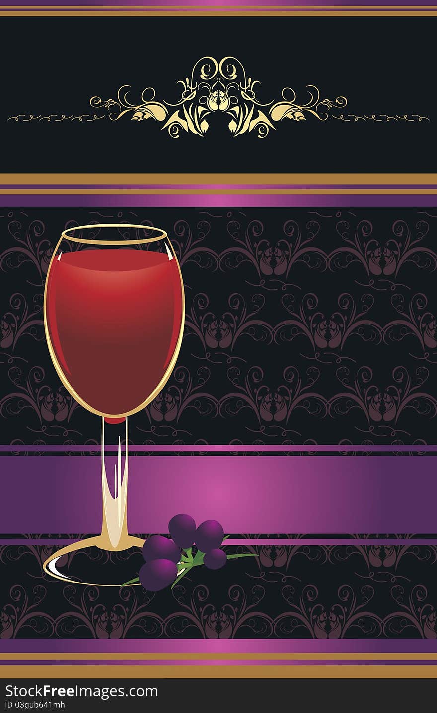 Glass of red wine with a vine on the decorative background. Wrapping. Illustration. Glass of red wine with a vine on the decorative background. Wrapping. Illustration