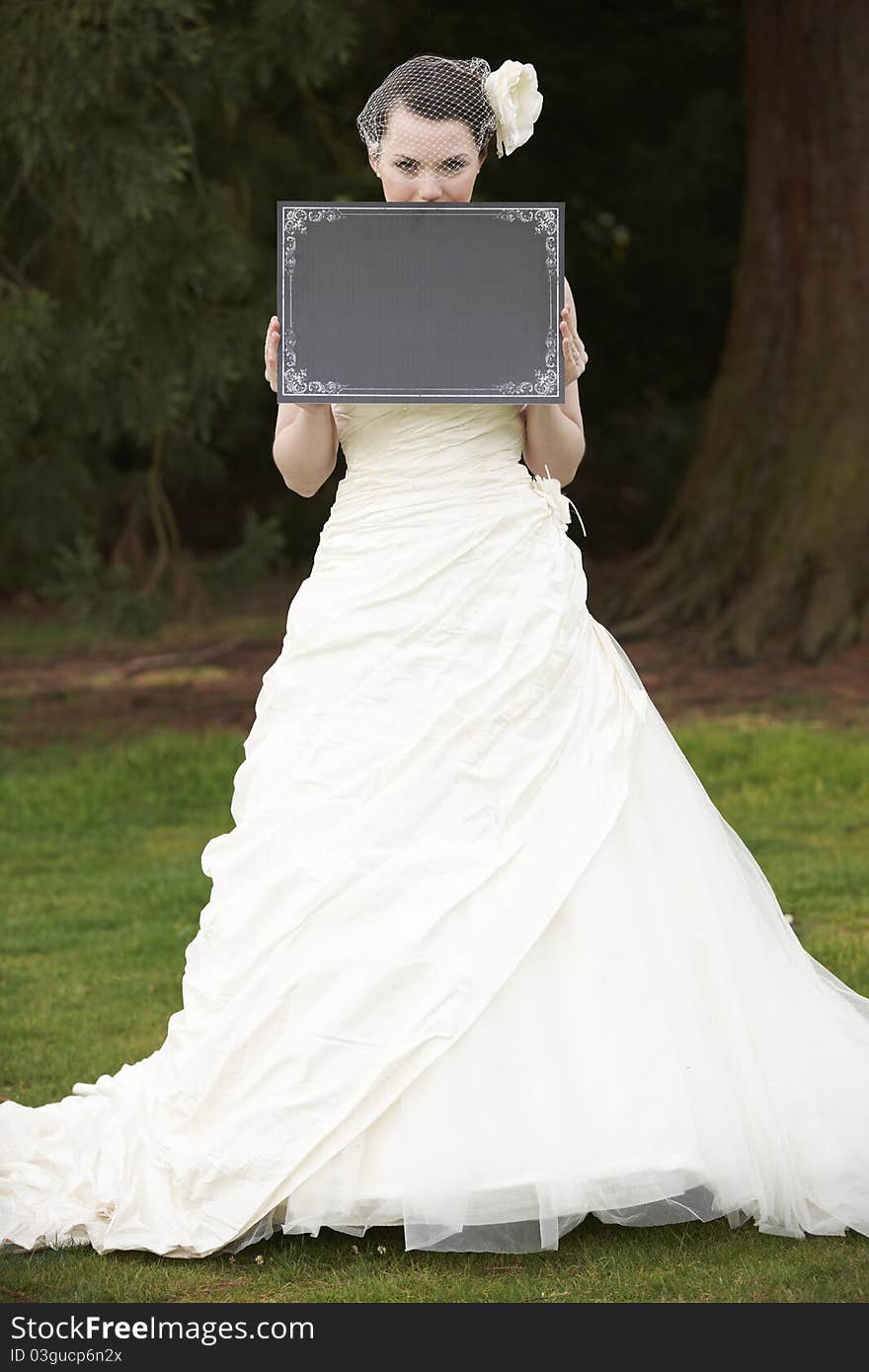 Pretty bride in wedding dress holding a blank board with space for copy. Pretty bride in wedding dress holding a blank board with space for copy