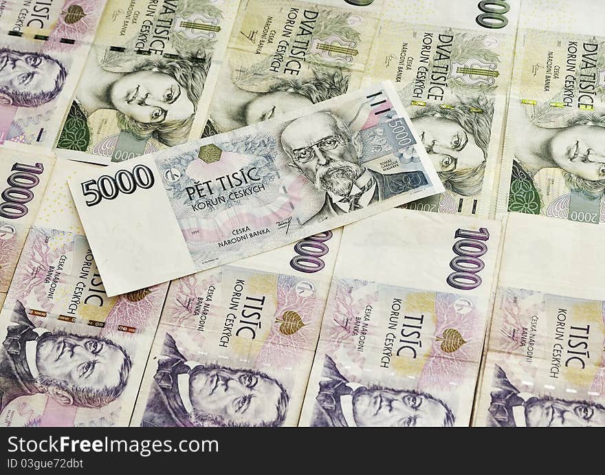 Czech National Paper Currency: 1000 & 2000 & 5000 banknotes. Czech National Paper Currency: 1000 & 2000 & 5000 banknotes