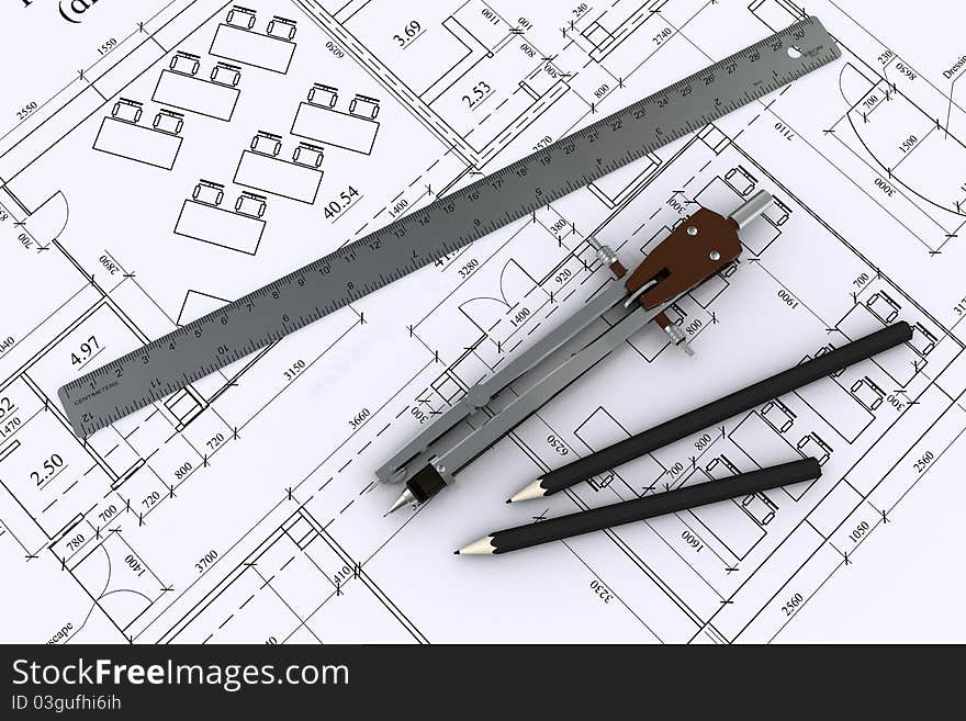 Compass, ruler and pencil on architectural drawings