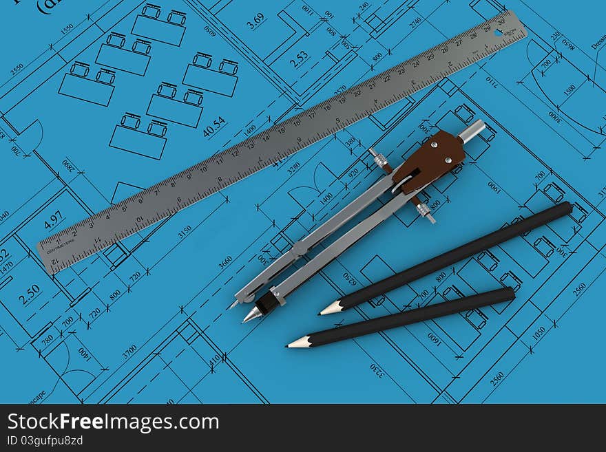 Compass, ruler and pencil on architectural drawing