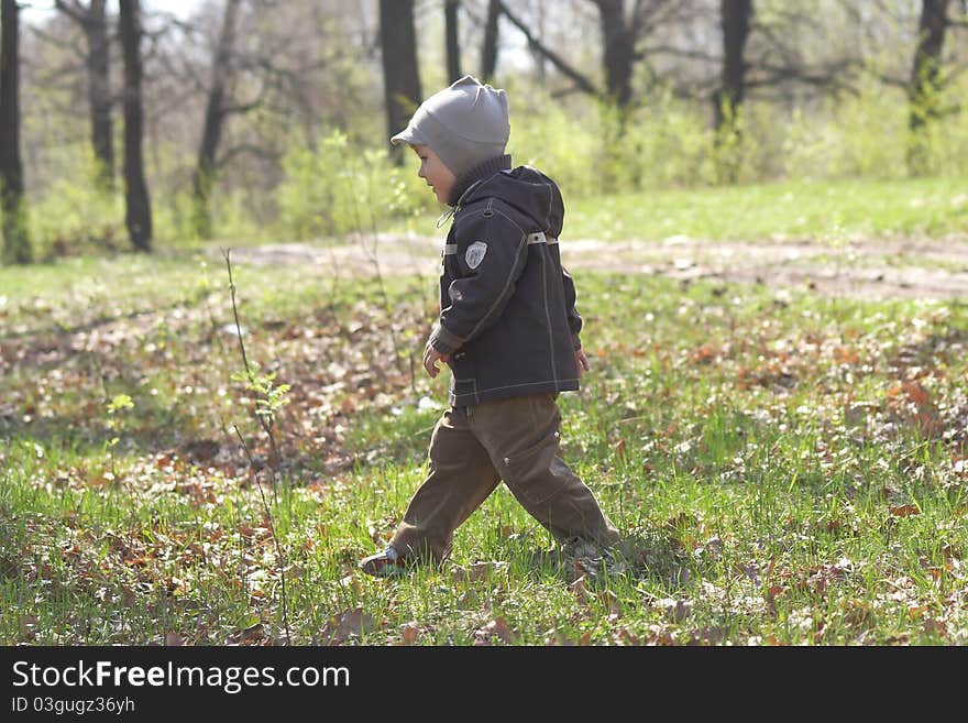 The little boy walks on wood. The little boy walks on wood