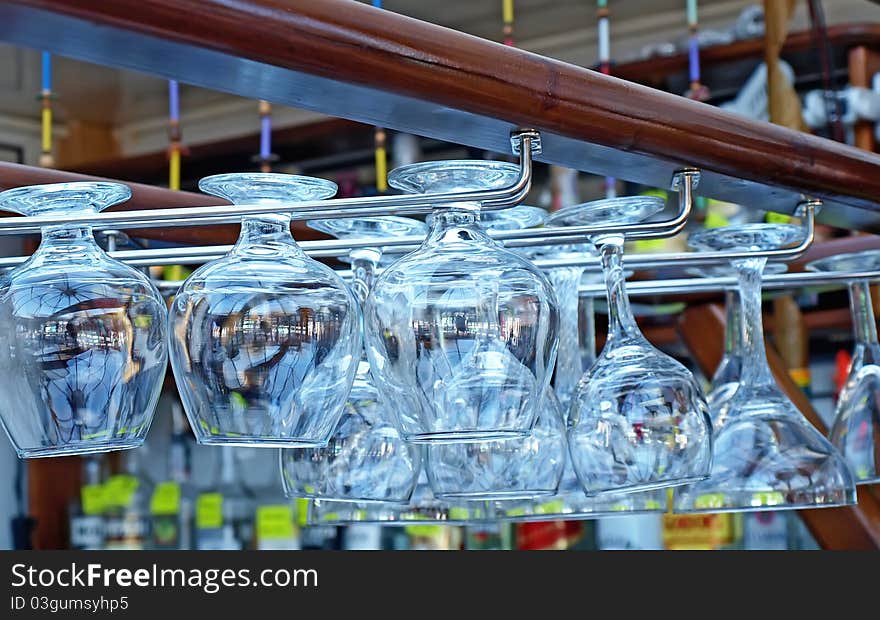 Goblets Hanging On Rack Of The Bar