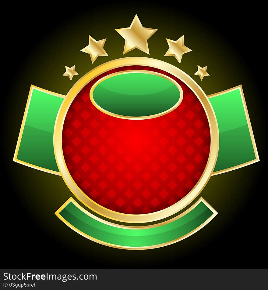 Glass gold sticker with red and green elements, and stars. Glass gold sticker with red and green elements, and stars