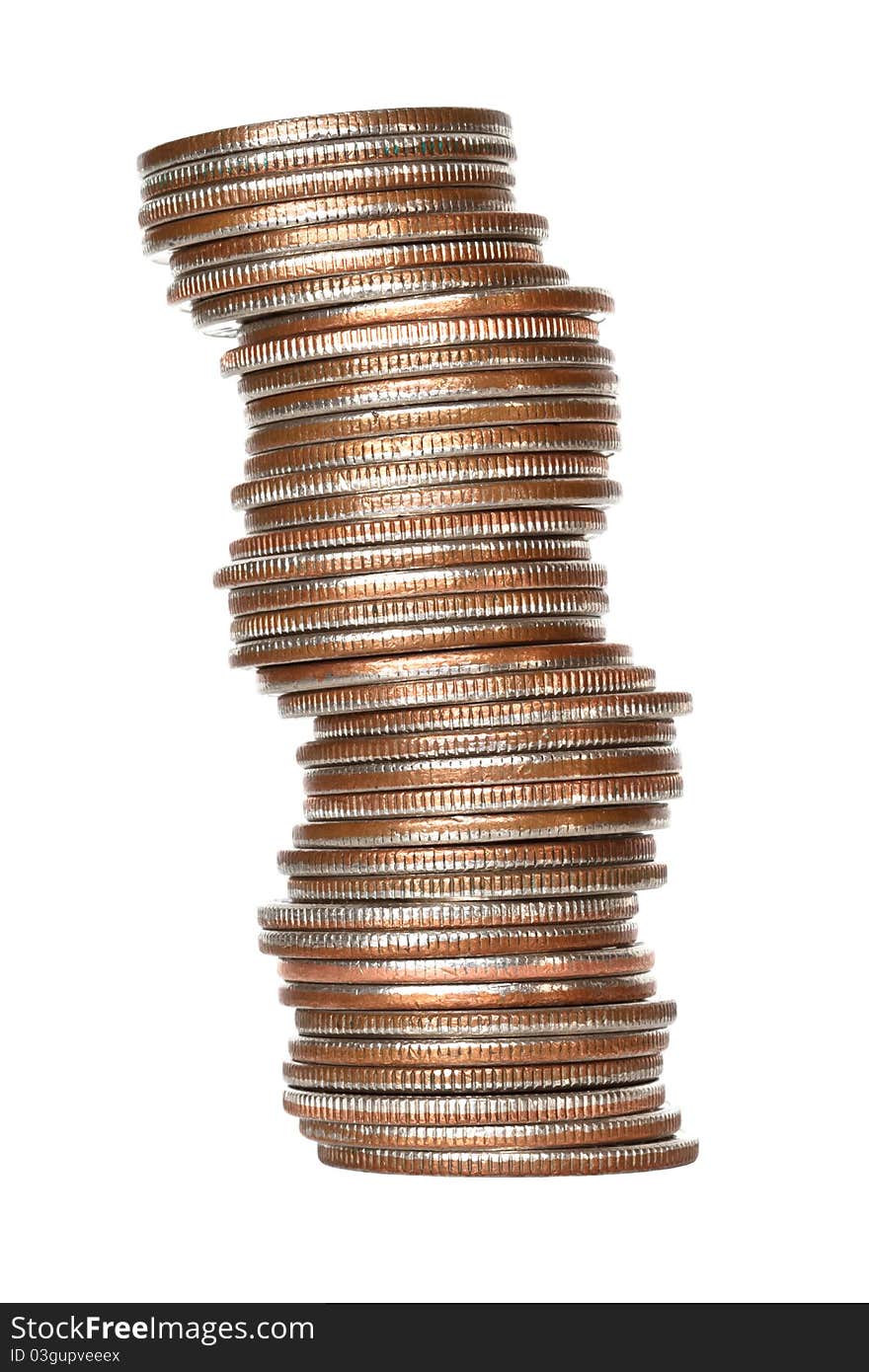 Stack of coins over white background