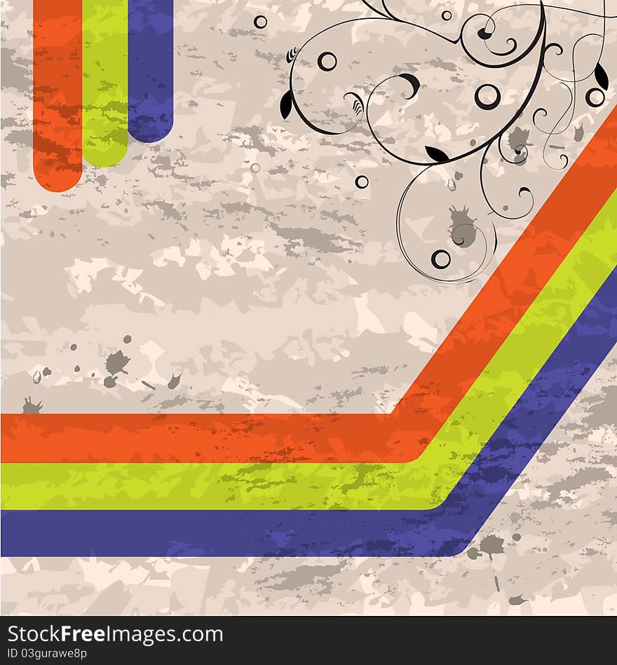 Grunge background withthree lines different colors and floral swirl. Grunge background withthree lines different colors and floral swirl