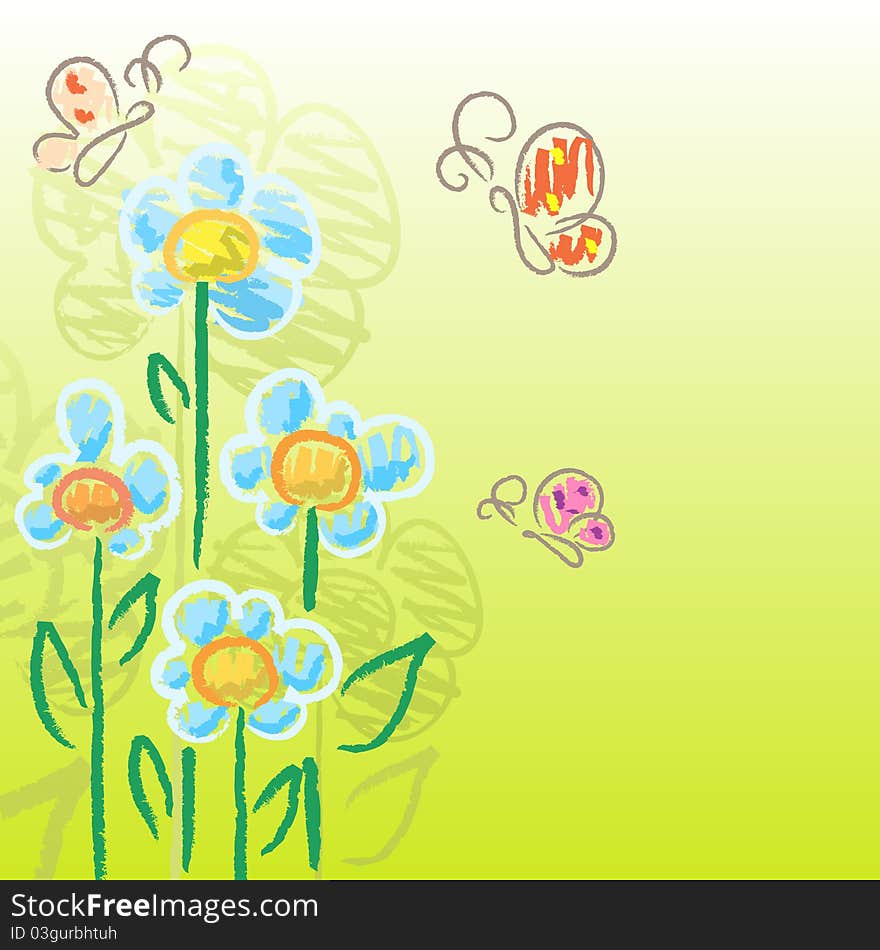 Green background with draw flowers and butterflies. Green background with draw flowers and butterflies